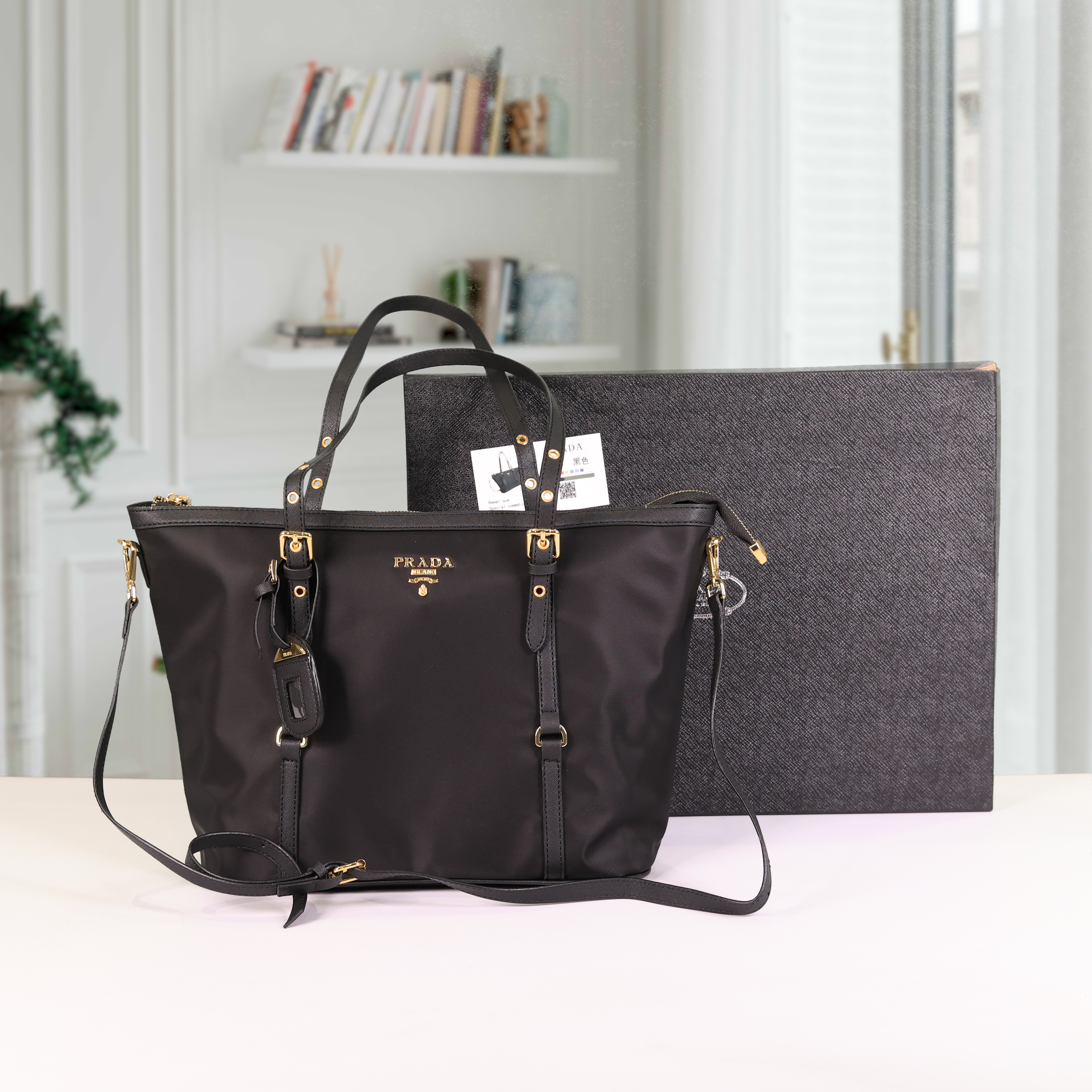 Tessuto Saffiano Top Zip Tote Bag With OG Box & Dust Bag (Black - 266)