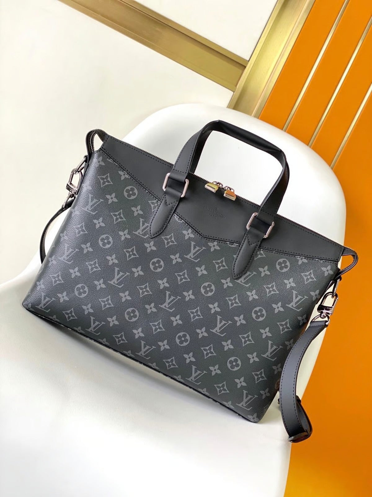 Monogram Briefcase Laptop Bag With Dust Bag (Black Grey - 1153)