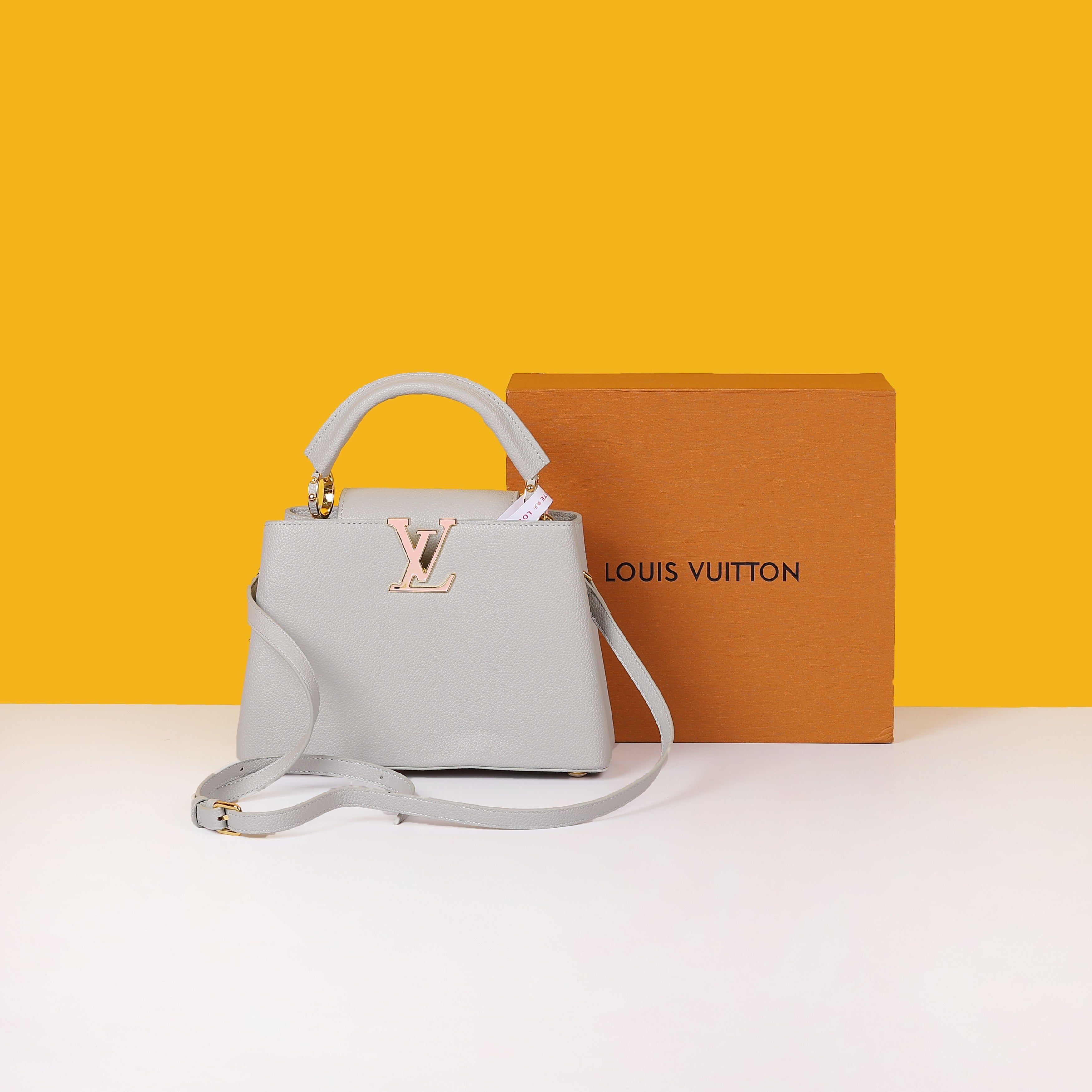 Capucines Premium Quality Leather Bag With OG Box & Dust Bag & Extra Shoulder Strap (Grey - 998)