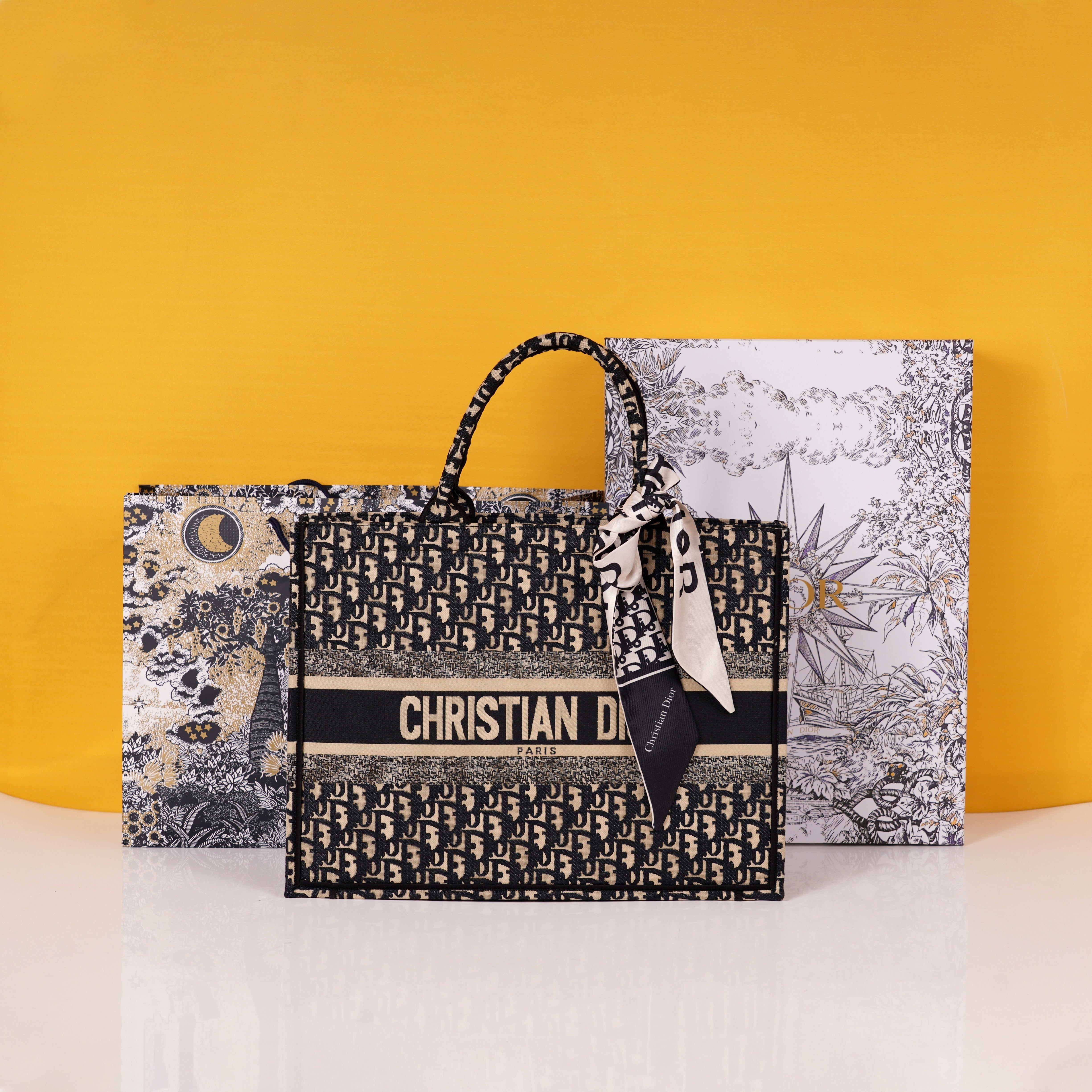 Book Tote Oblique Embroidery With OG Box & Dust Bag & Scarf (Black - 155)