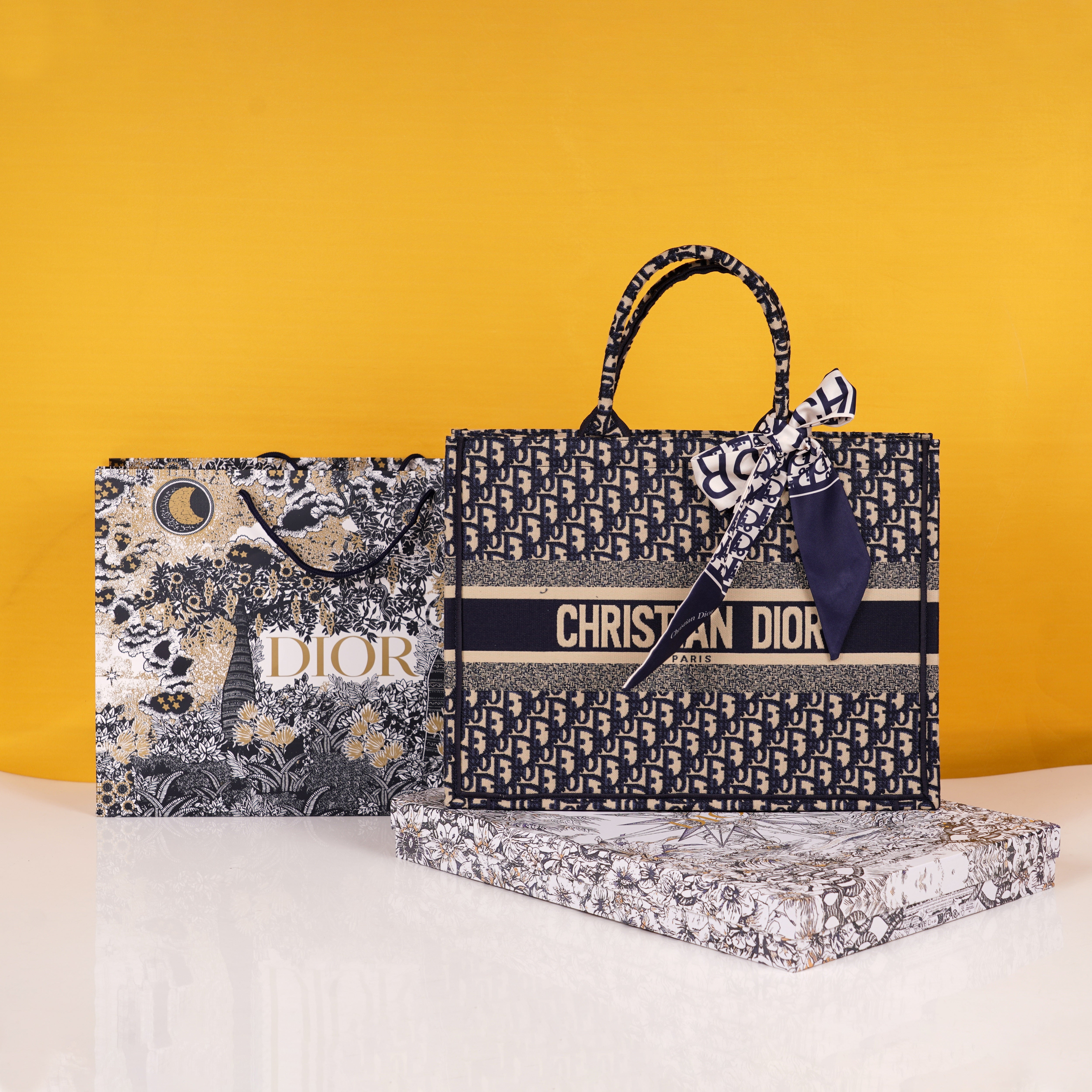 Book Tote Oblique Embroidery With OG Box & Dust Bag & Scarf (Navy - 154)