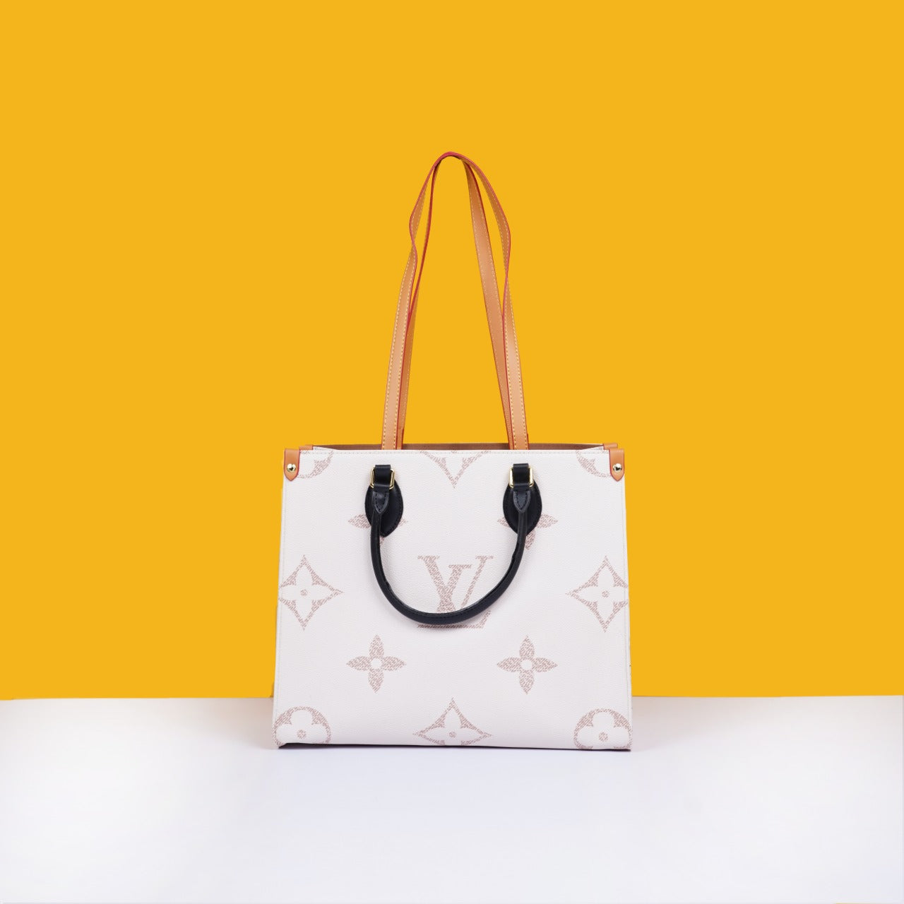 On The Go Monogram Premium Leather Tote Bag With Dust Bag (White Cream - 965)