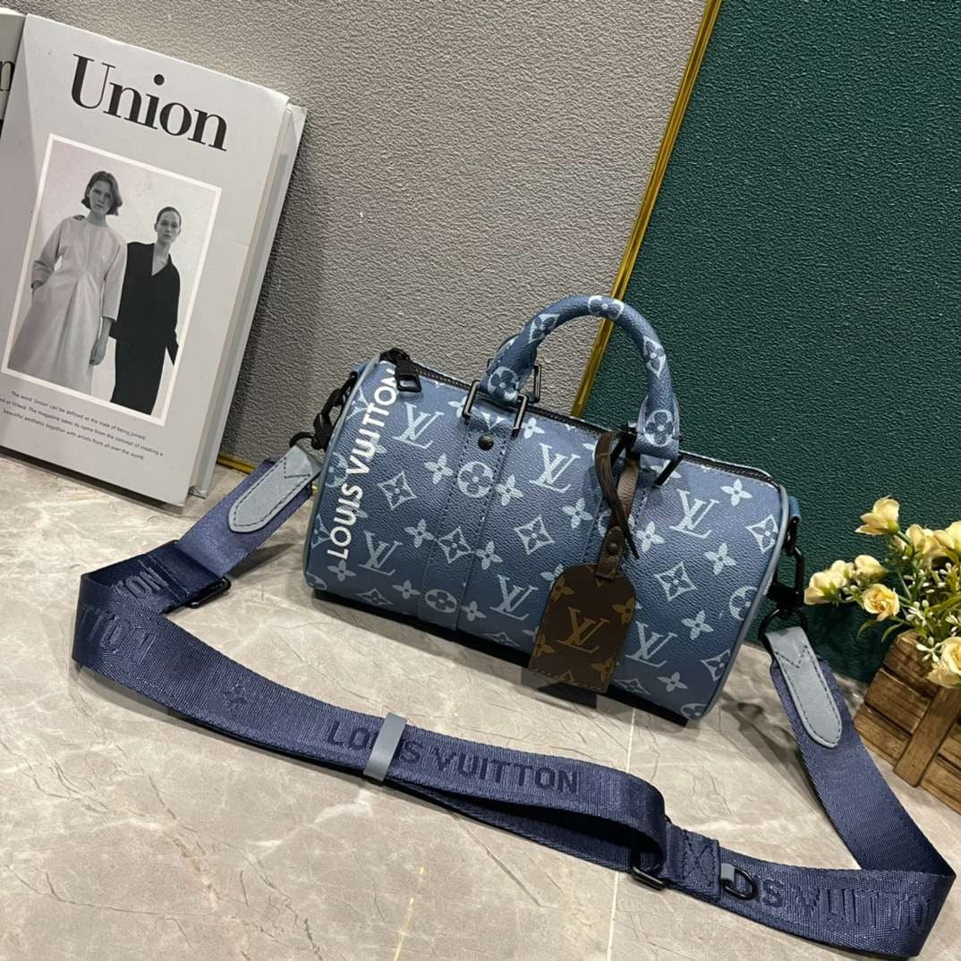 Keepall Bandouliere Monogram Travel Speedy With OG Magnetic Box & Dust Bag & Extra Pouch (Blue Mono - 961)