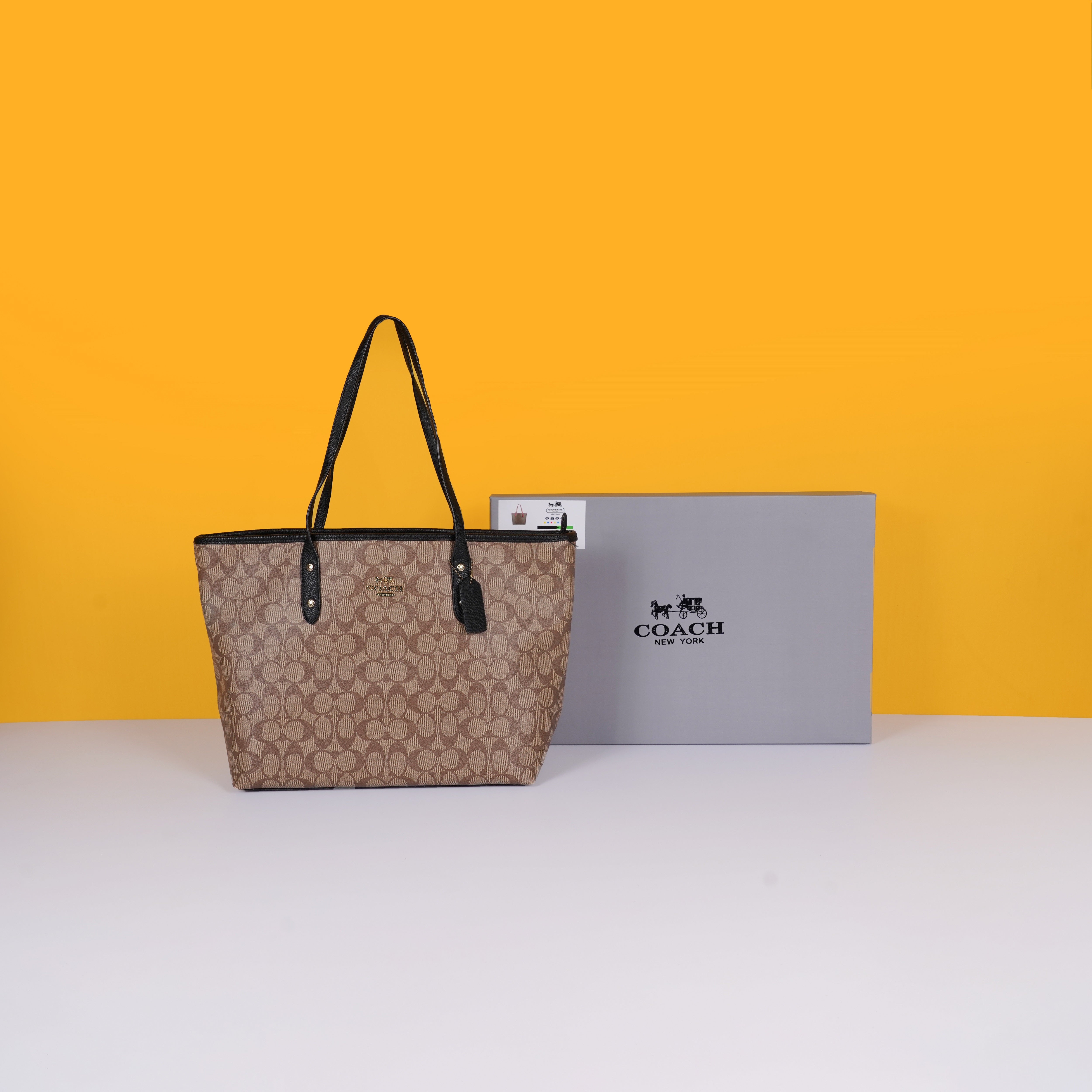 Signature City Tote Bag With OG Box & Dust Bag (Beige Black - 1119)