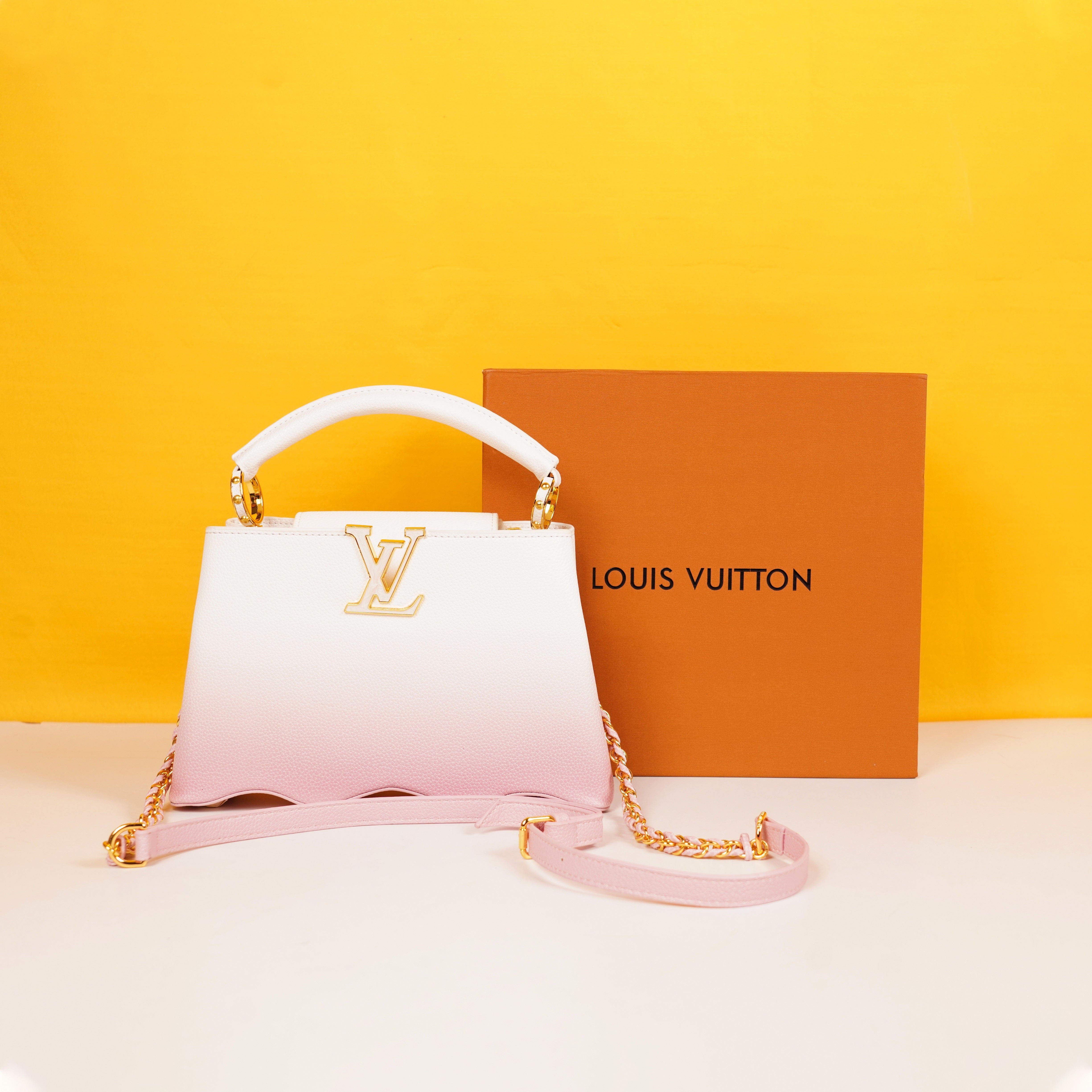 Capucines Premium Quality Leather Bag With OG Box & Dust Bag & Extra Shoulder Strap (White Pink - 996)