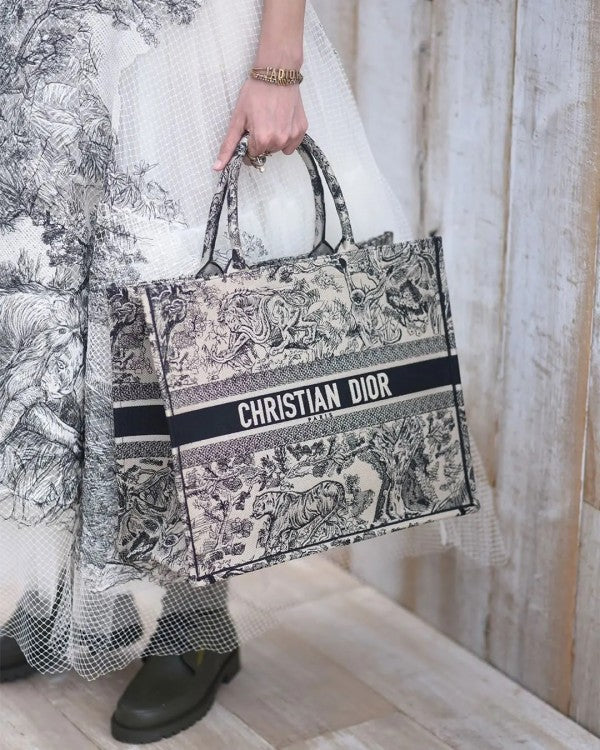 Book Tote Black Toile De Jouy With OG Box & Dust Bag & Scarf (Black Tiger - 573)