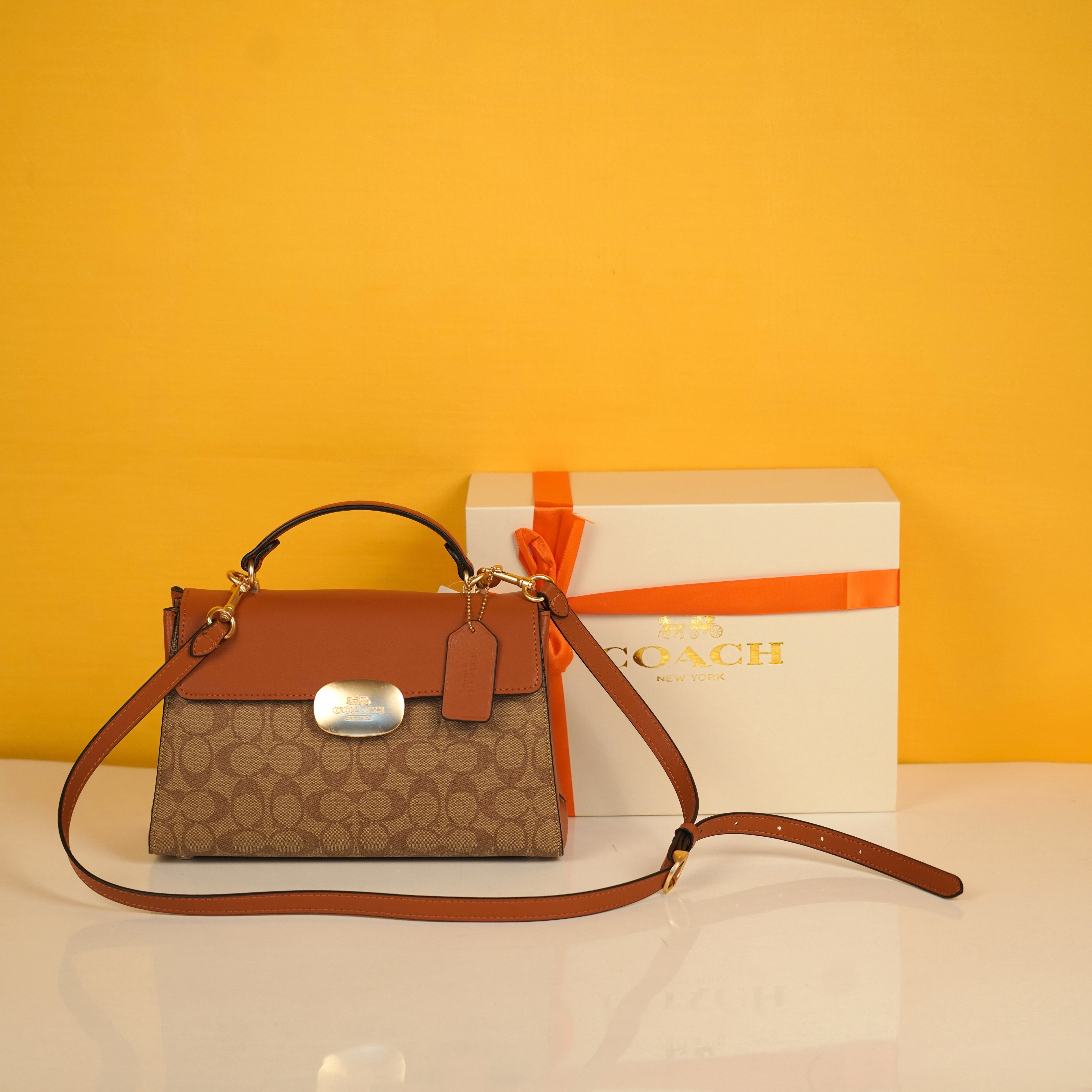 Eliza Top Handle Premium Crossbody Bag With OG Magnetic Gift Box & Dust Bag (Tan Brown - 912)
