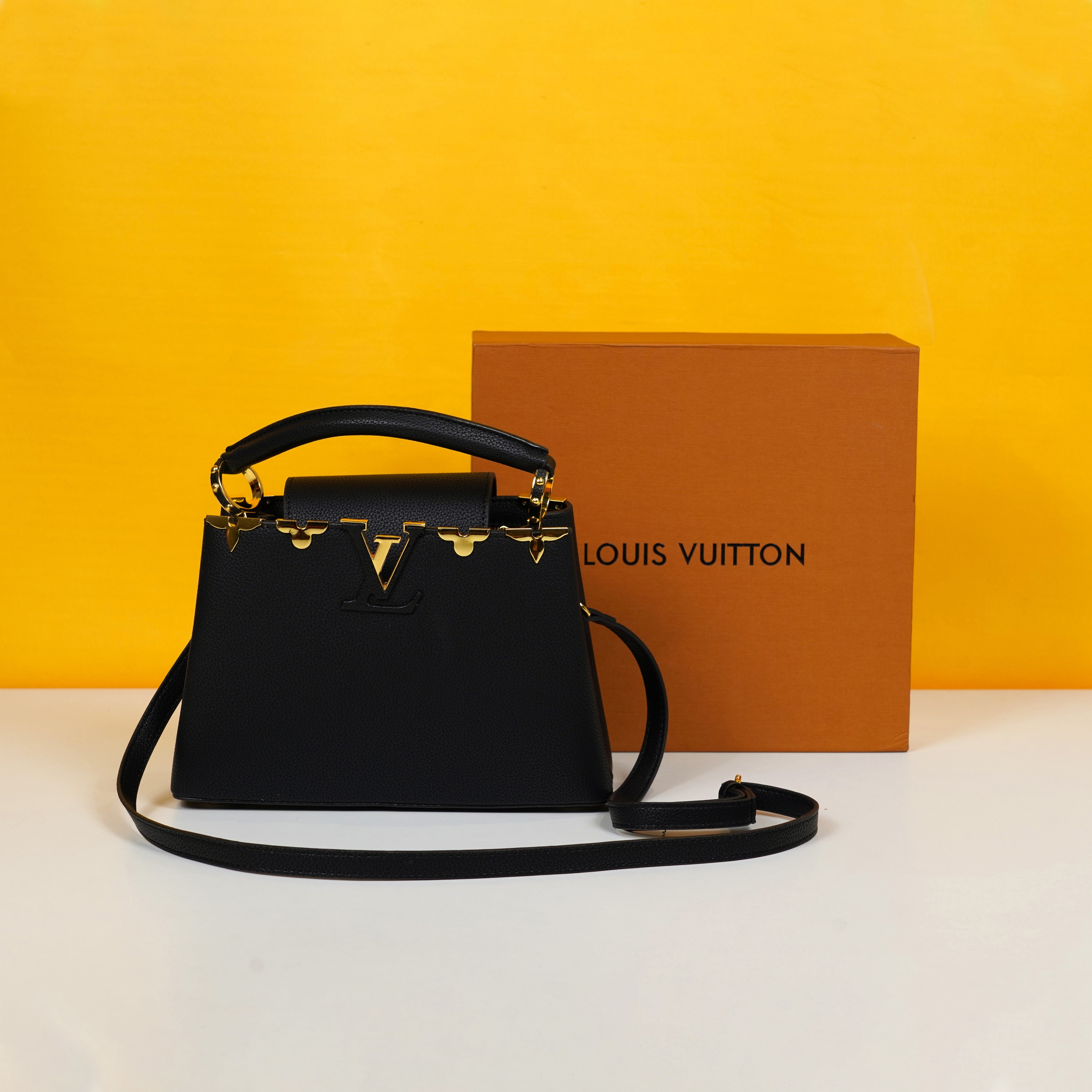 Capucines Premium Quality Leather Bag With OG Box & Dust Bag & Extra Shoulder Strap (Black - 301)