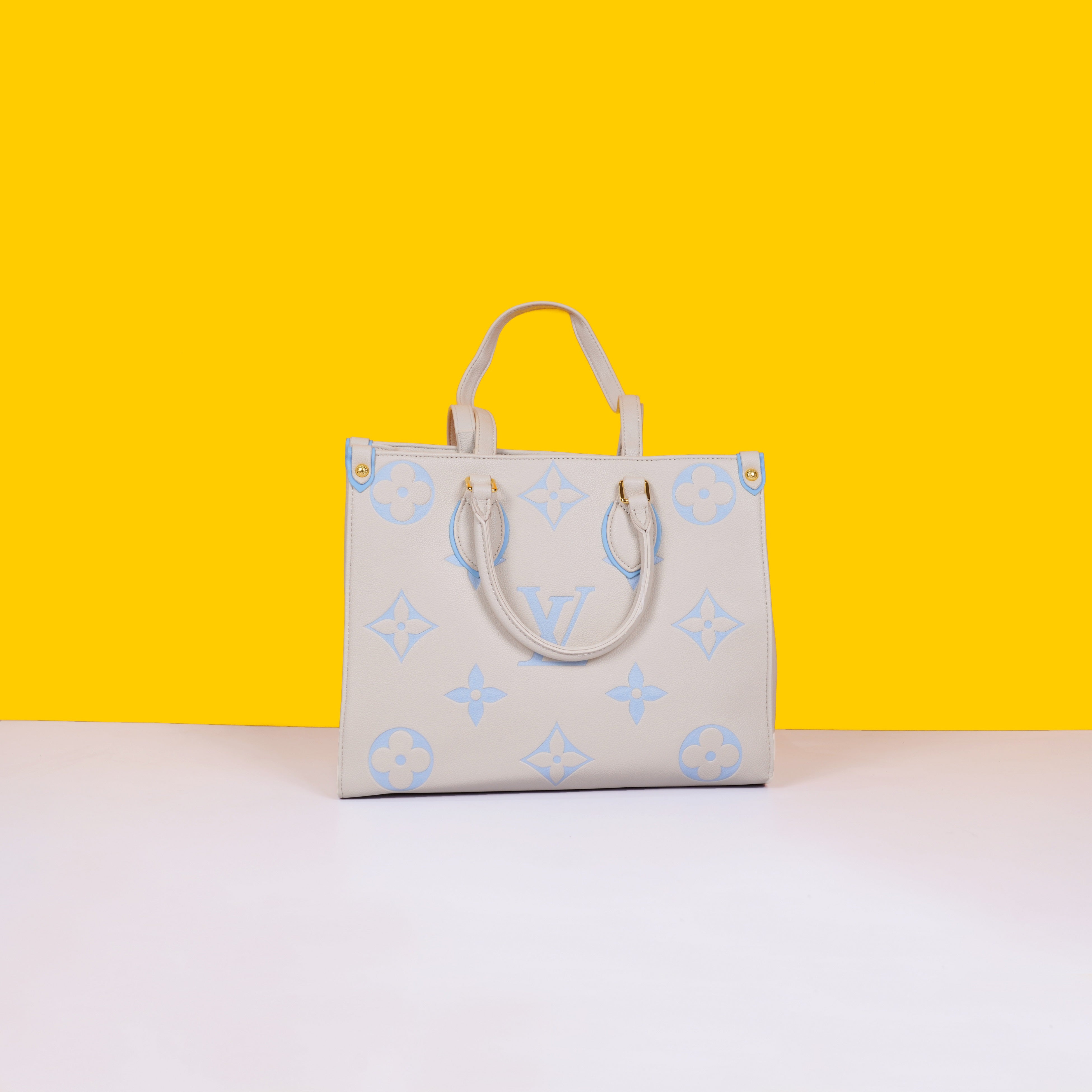 On The Go Monogram Premium Leather Tote Bag With Dust Bag (White Purple - 958)
