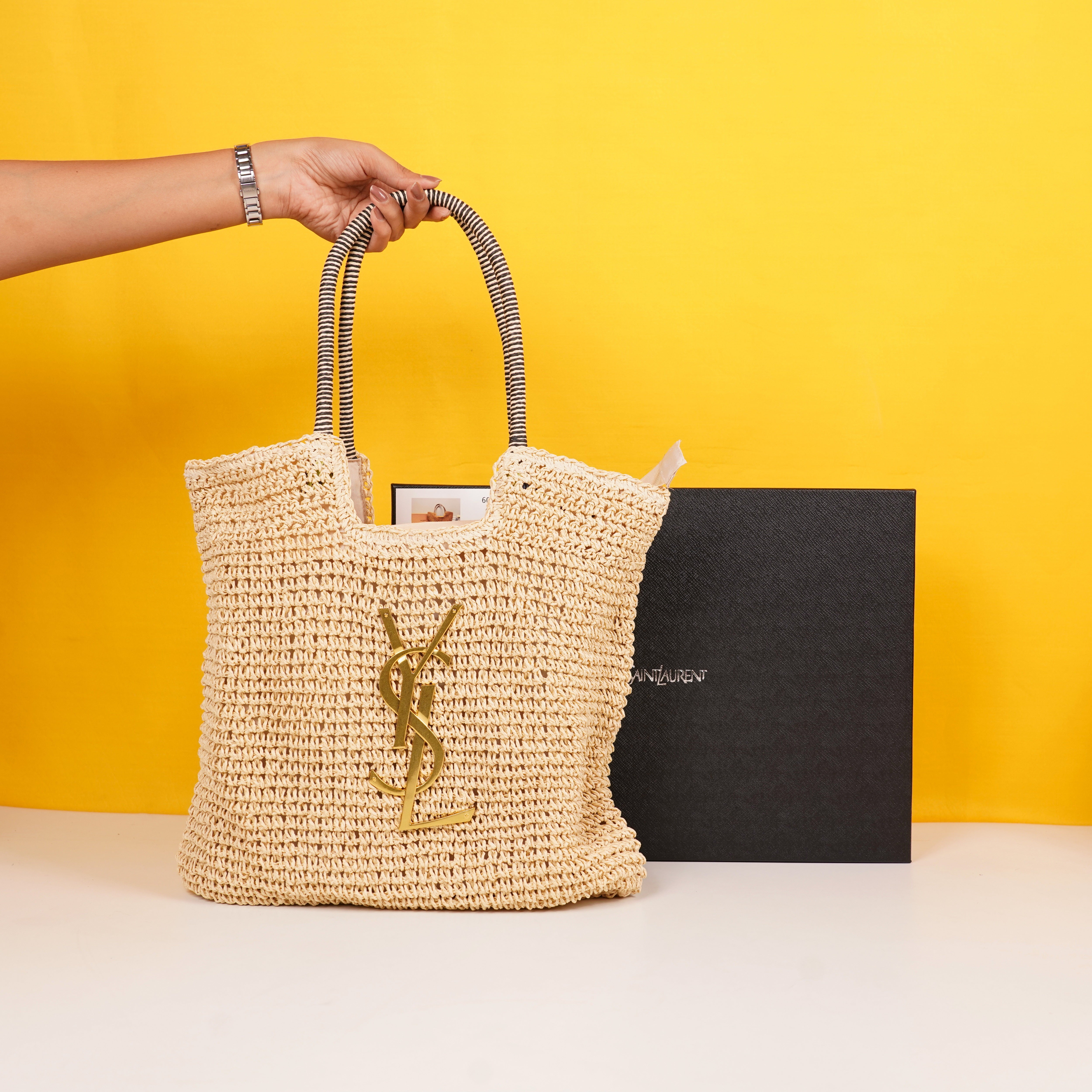 ICare Raffia Jute Tote Bag With OG Box & Dust Bag (Beige - 992)