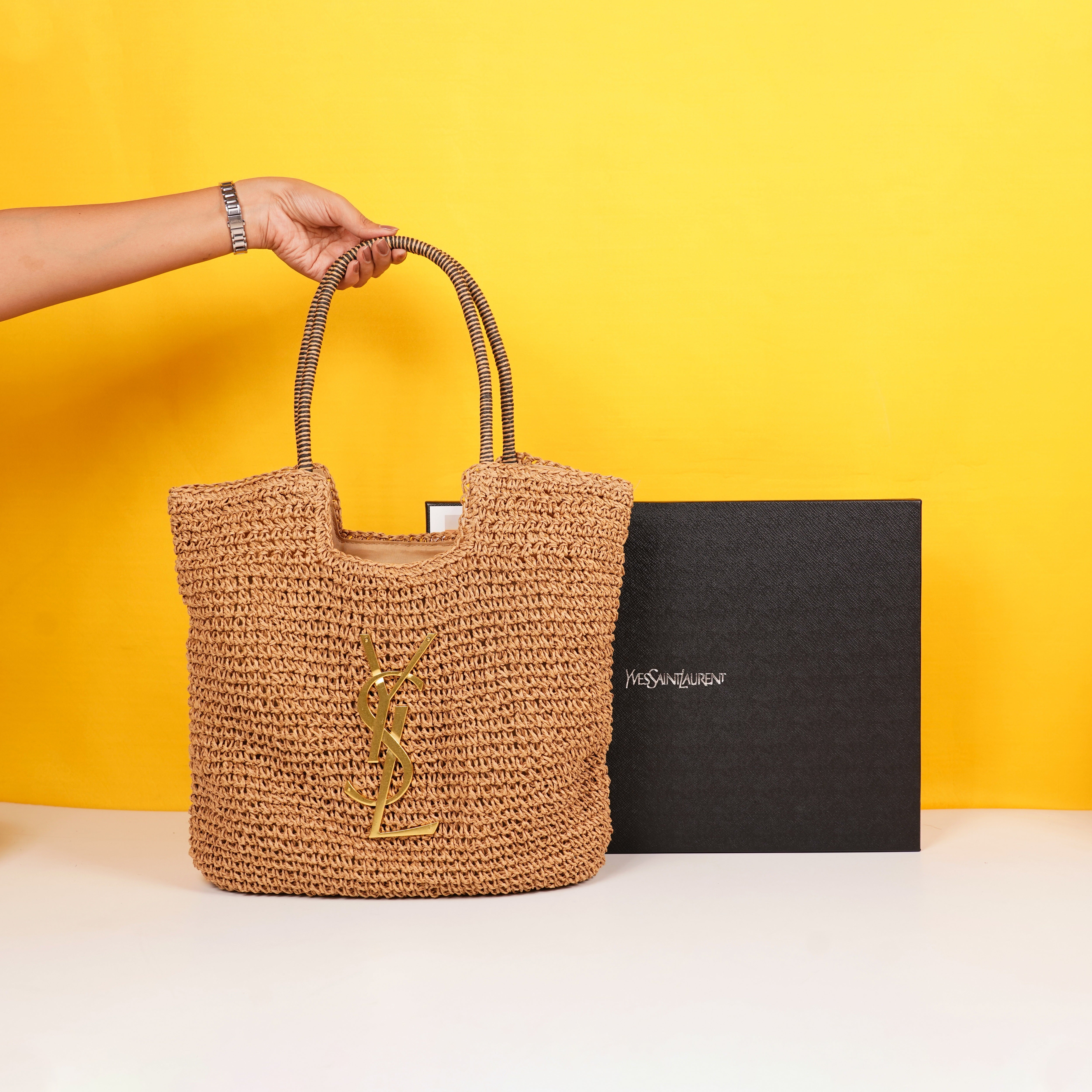 ICare Raffia Jute Tote Bag With OG Box & Dust Bag (Brown - 991)