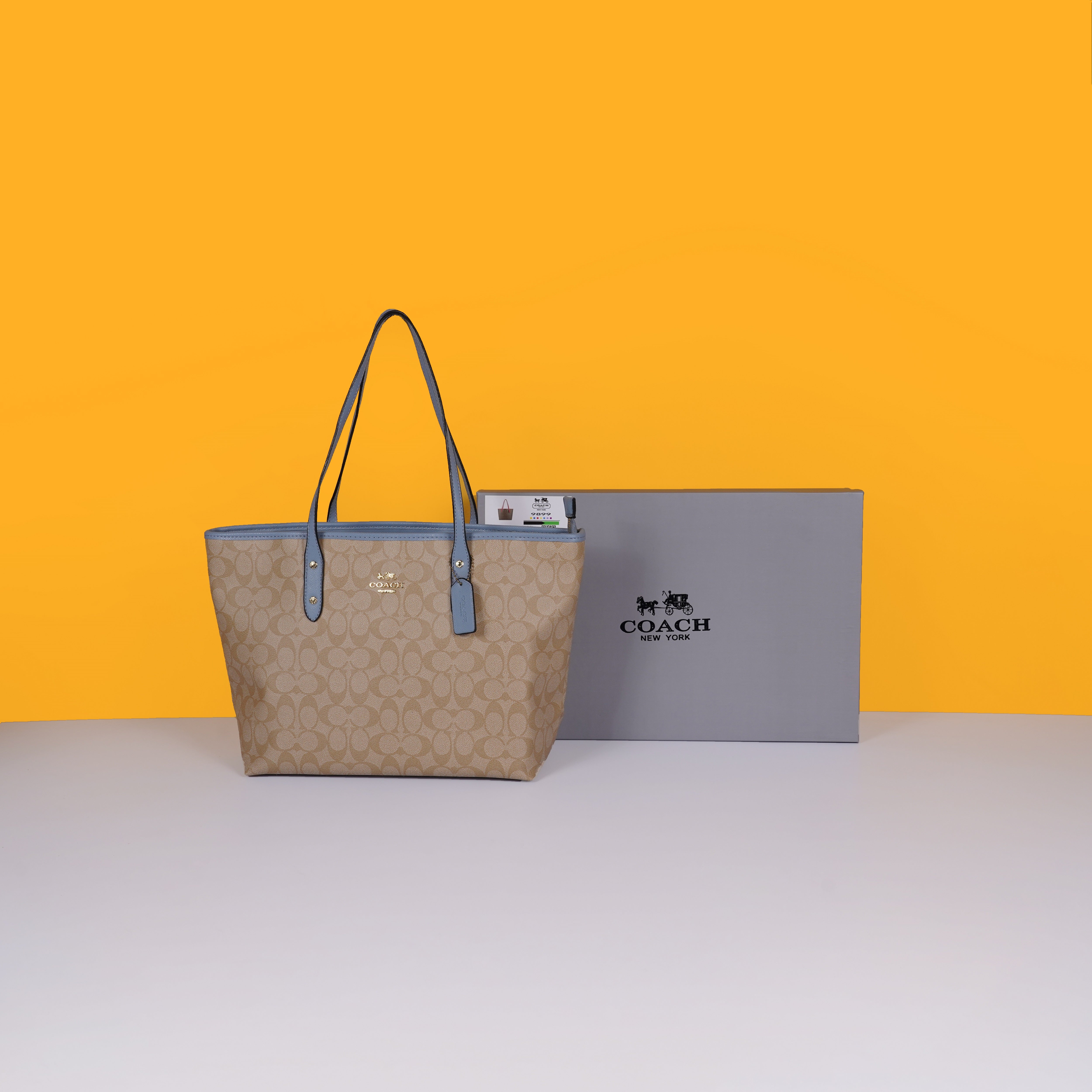 Signature City Tote Bag With OG Box & Dust Bag (Beige Blue - 1118)