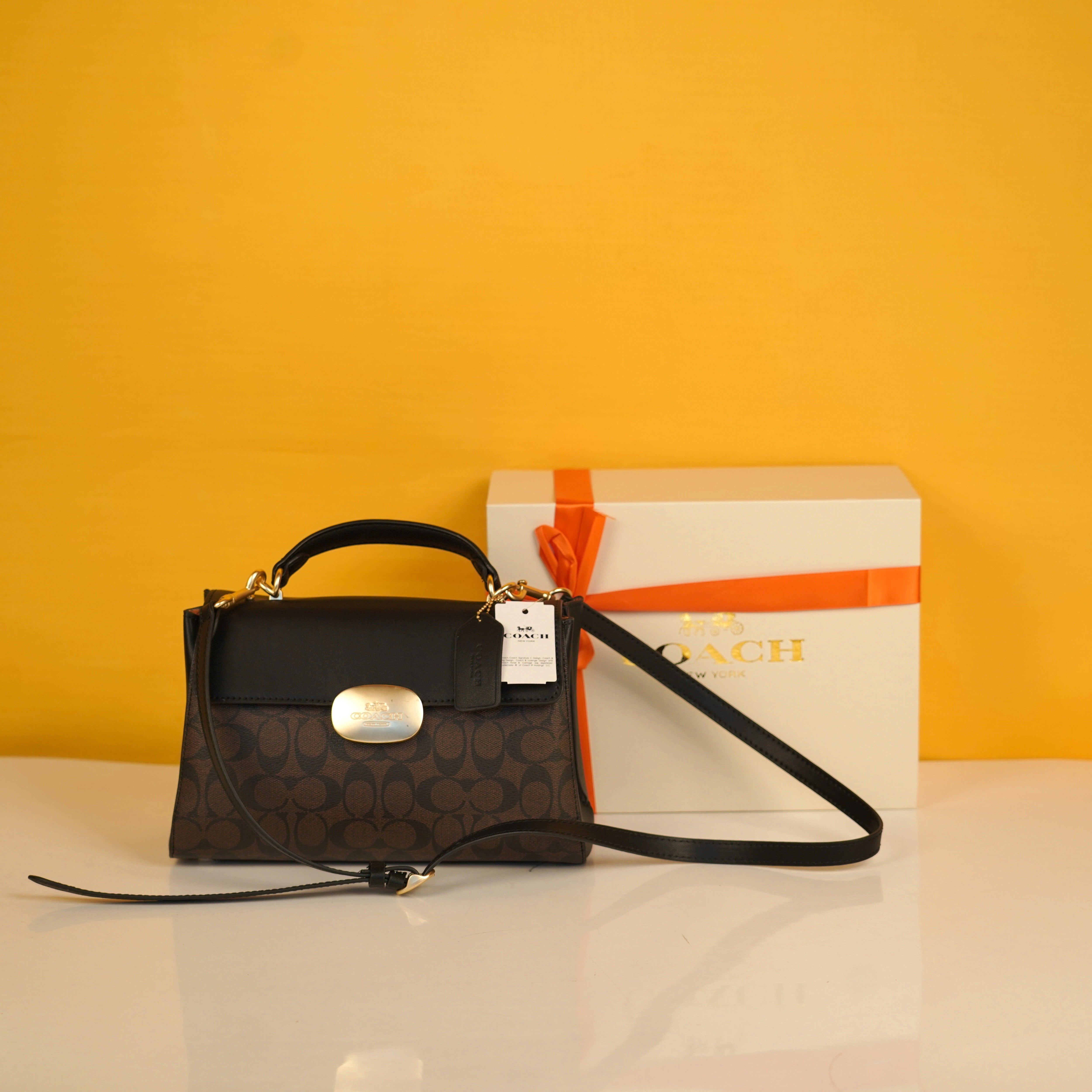 Eliza Top Handle Premium Crossbody Bag With OG Magnetic Gift Box & Dust Bag (Black Brown - 913)