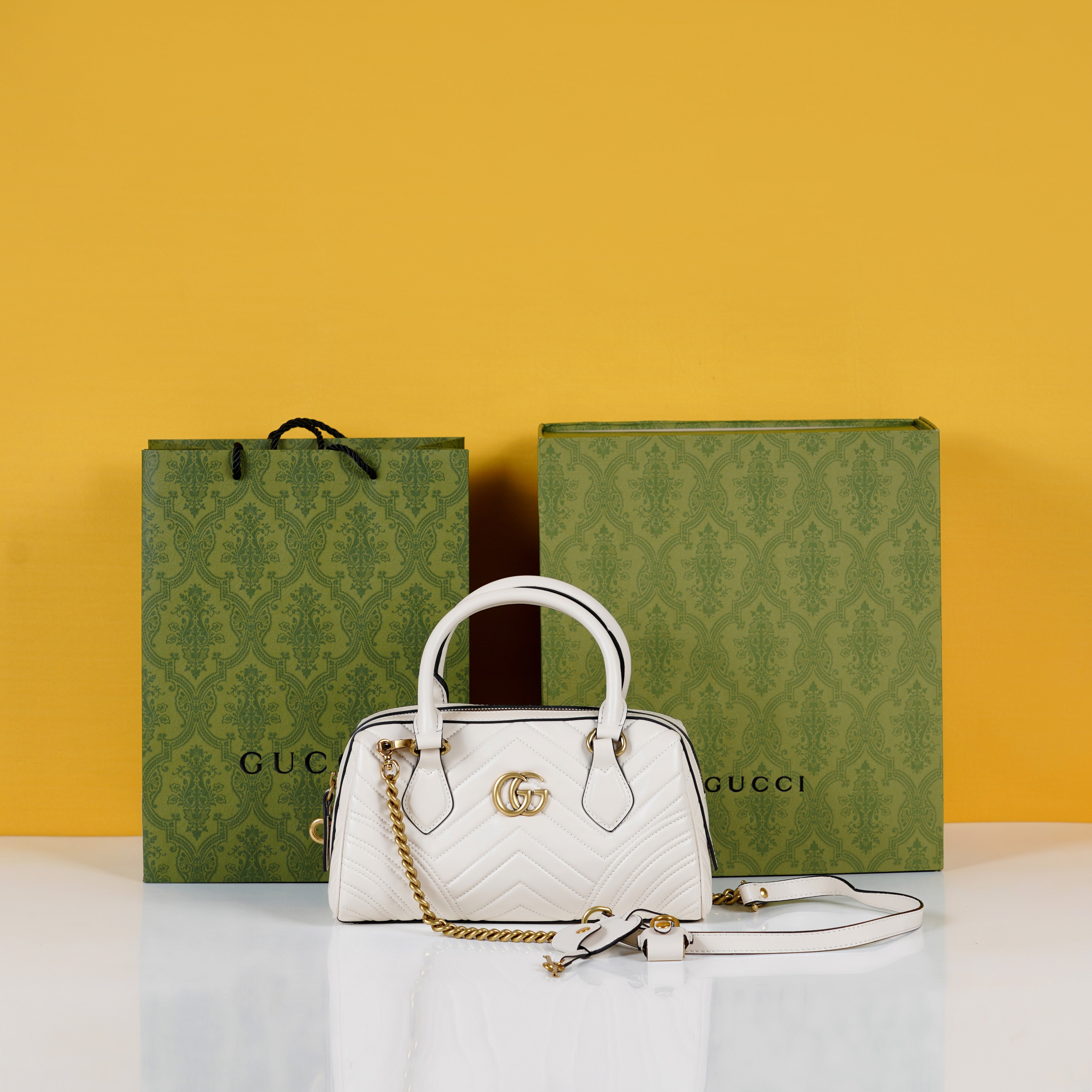 Marmont Top Handle Speedy Premium Bag With OG Box & Dust Bag & Carry Bag & Accessories (White - 903)