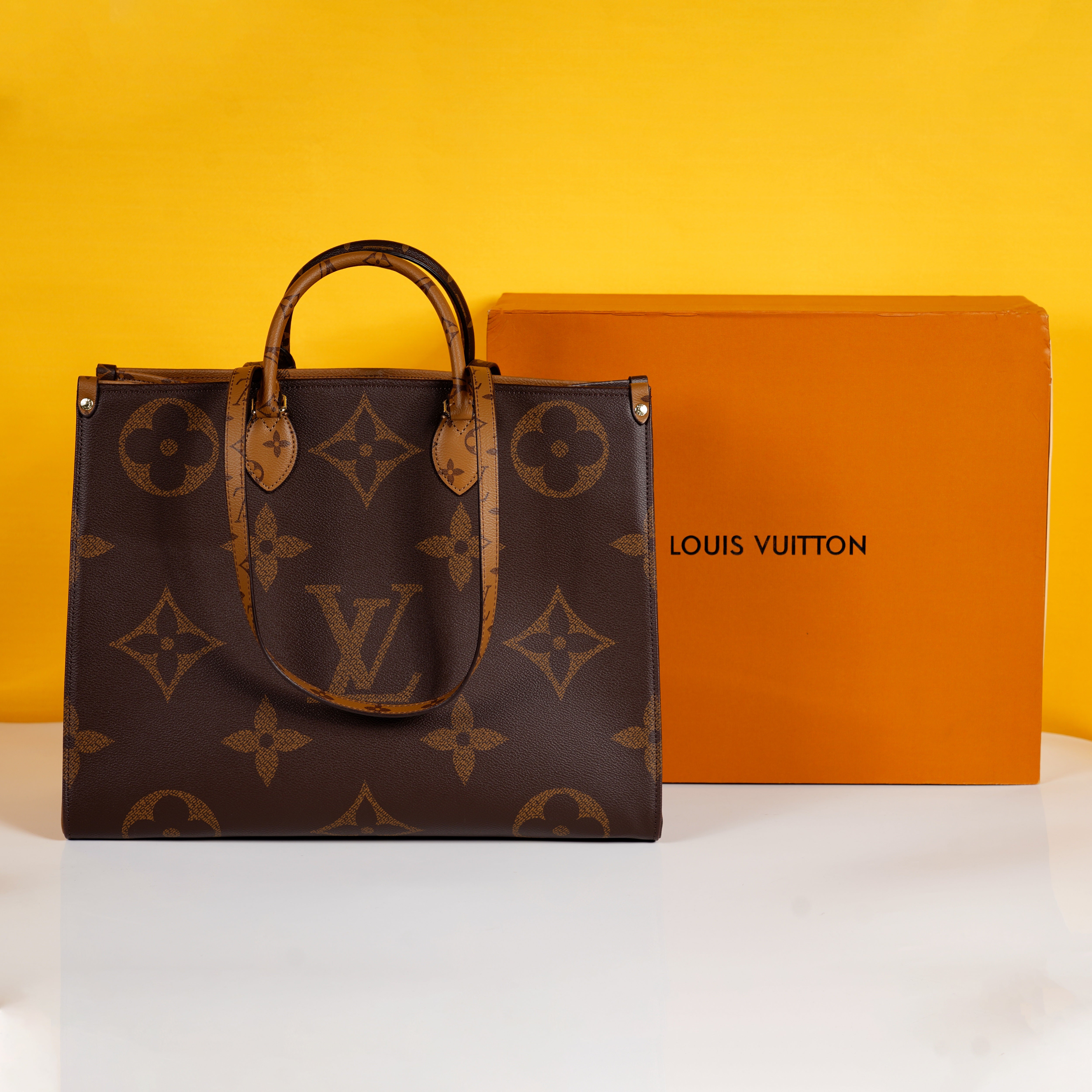 On The Go Monogram and Monogram Reverse Premium Leather Tote Bag With OG Magnetic Box & Dust Bag (Brown - 582)