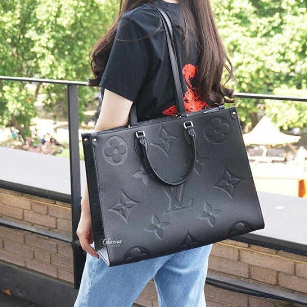 On The Go Premium Monogram Leather Tote Bag With OG Magnetic Box & Dust Bag (Black - 730)
