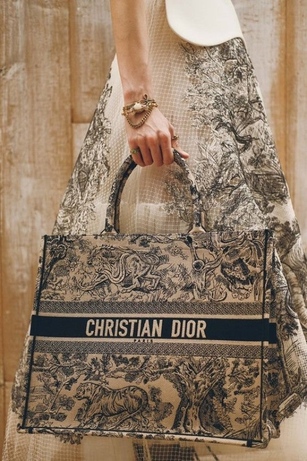 Book Tote Black Toile De Jouy With OG Box & Dust Bag & Scarf (Black Tiger - 573)