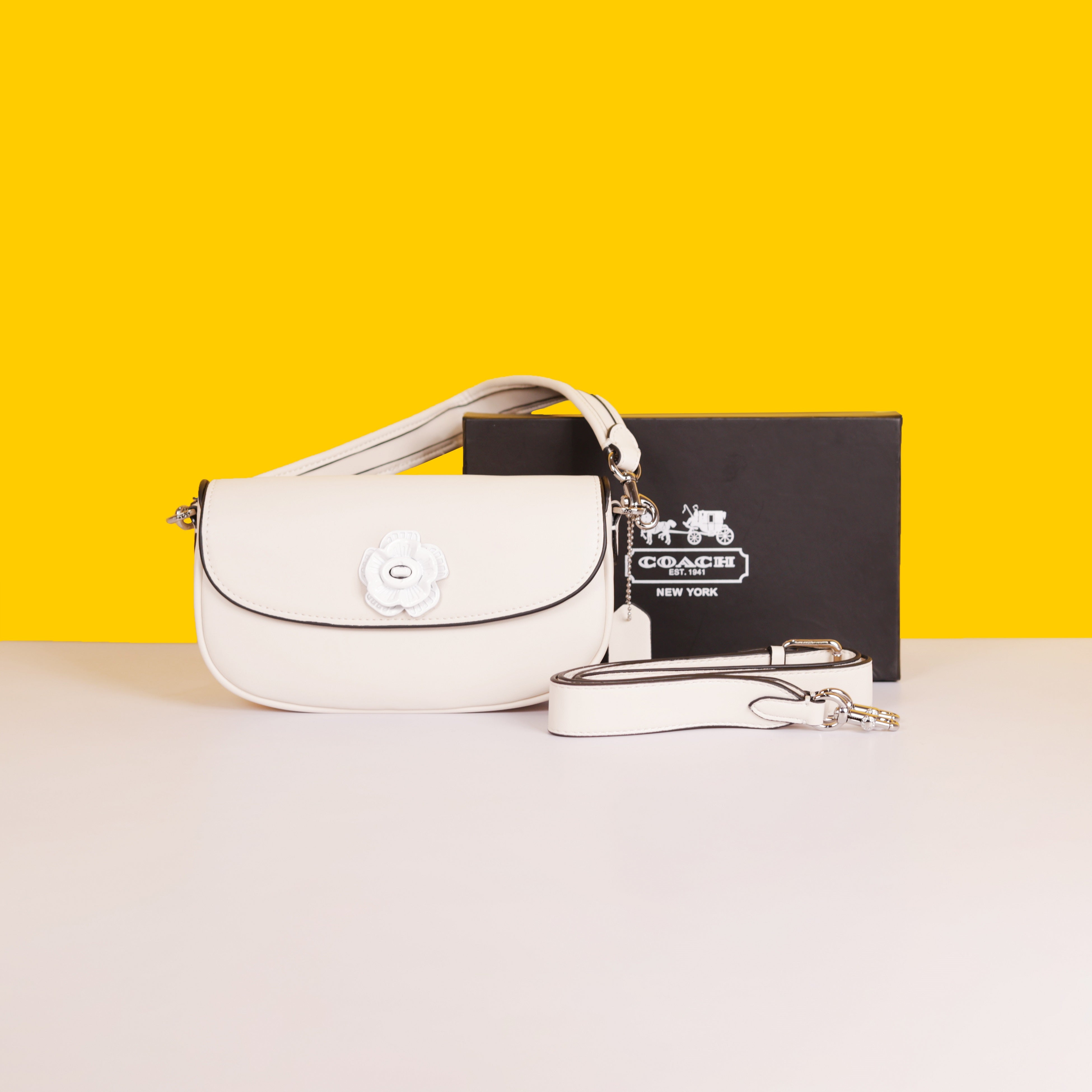 Emmy Saddle Premium Crossbody Shoulder Bag With OG Double Box & Dust Bag (White Flower - 1006)