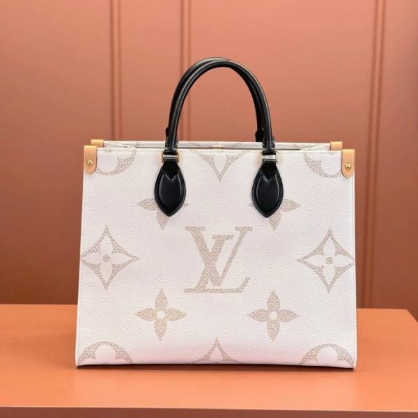 On The Go Monogram Premium Leather Tote Bag With Dust Bag (White Cream - 965)