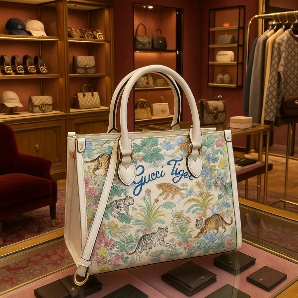 Shanghai Savanah Tiger Tote Bag With OG Magnetic Box & Dust Bag & (White - 1024)