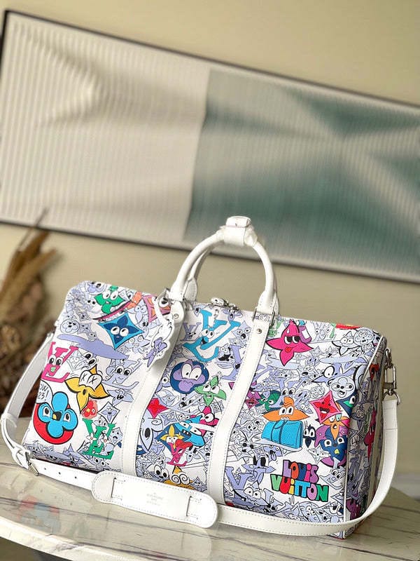 Keepall Bandoulire Character Premium Unisex Duffle Bag With Dust Bag & Accessories (White - 678)