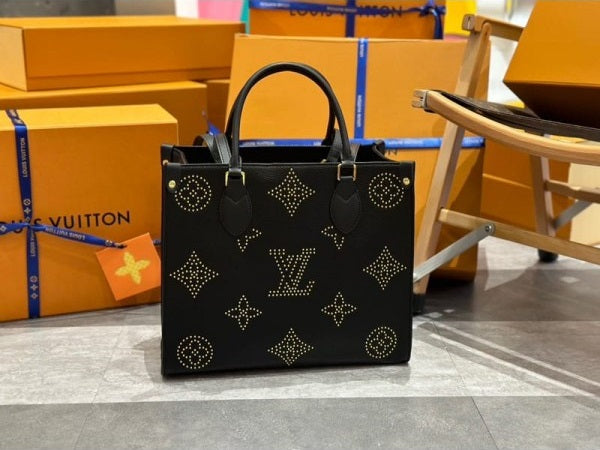 On The Go Premium Monogram Empreinte Leather Tote Bag With OG Magnetic Box & Dust Bag (Black - 649)