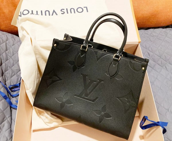 On The Go Premium Monogram Leather Tote Bag With OG Magnetic Box & Dust Bag (Black - 730)