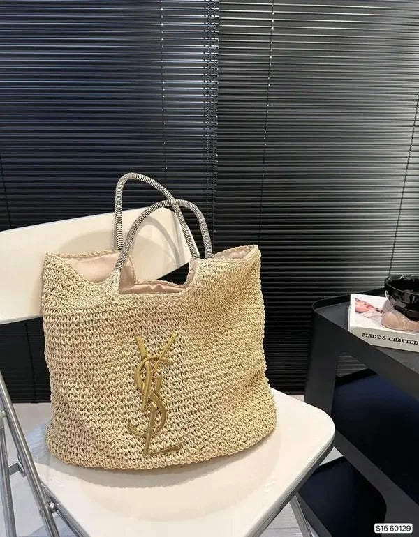 ICare Raffia Jute Tote Bag With OG Box & Dust Bag (Beige - 992)