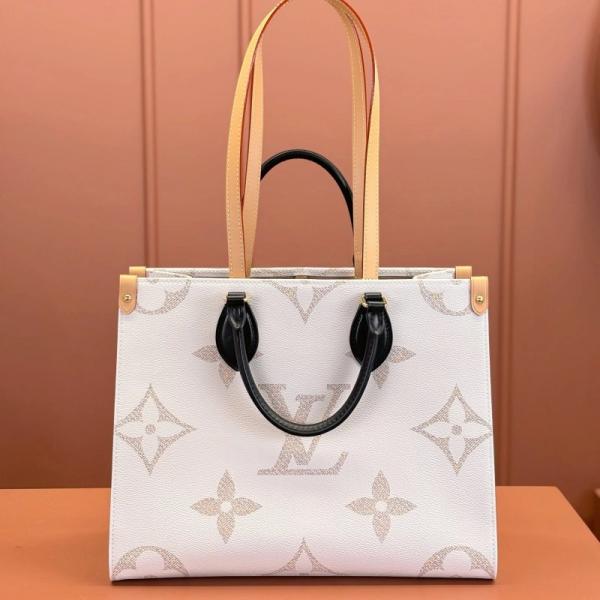 On The Go Monogram Premium Leather Tote Bag With Dust Bag (White Cream - 965)