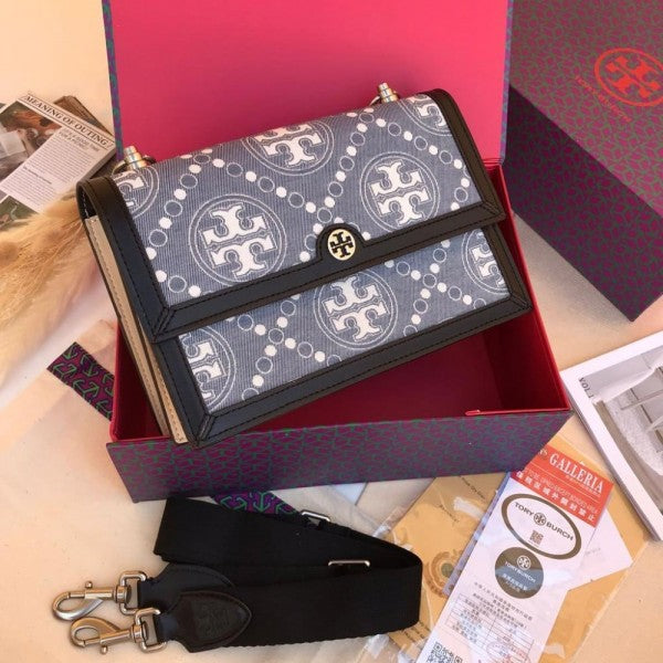 T Monogram Shoulder Bag With Adjustable Strap With OG Box & Dust Bag (Black - 616)