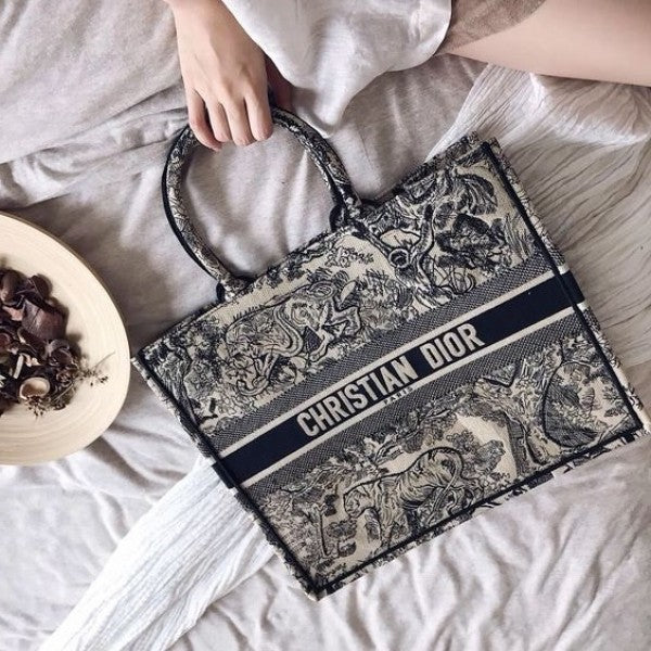 Book Tote Black Toile De Jouy With OG Box & Dust Bag & Scarf (Black Tiger - 573)