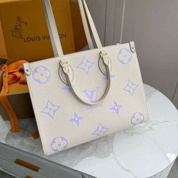 On The Go Monogram Premium Leather Tote Bag With Dust Bag (White Purple - 958)