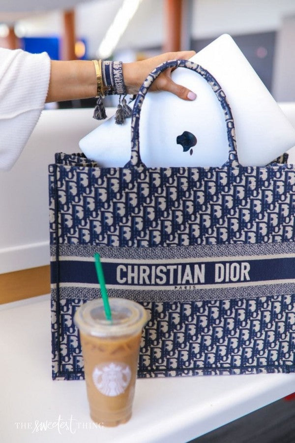 Book Tote Oblique Embroidery With OG Box & Dust Bag & Scarf (Navy - 154)
