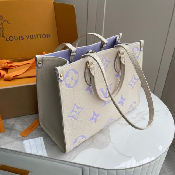 On The Go Monogram Premium Leather Tote Bag With Dust Bag (White Purple - 958)