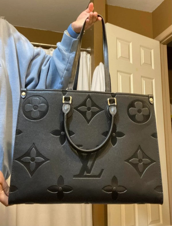 On The Go Premium Monogram Leather Tote Bag With OG Magnetic Box & Dust Bag (Black - 730)