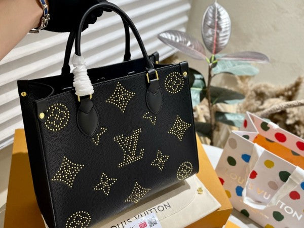 On The Go Premium Monogram Empreinte Leather Tote Bag With OG Magnetic Box & Dust Bag (Black - 649)