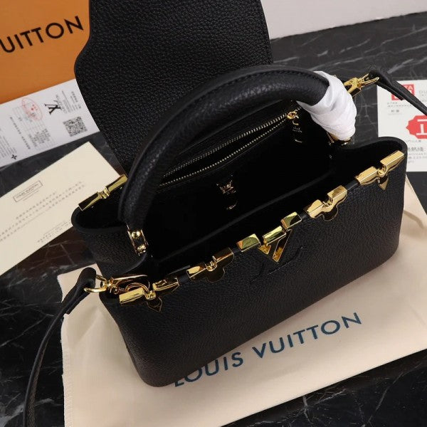 Capucines Premium Quality Leather Bag With OG Box & Dust Bag & Extra Shoulder Strap (Black - 301)