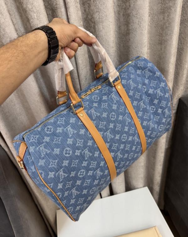 Keepall Bandoulire NBA Edition Premium Monogram Unisex Duffle Bag With Dust Bag & Accessories (Denim Brown - 684)