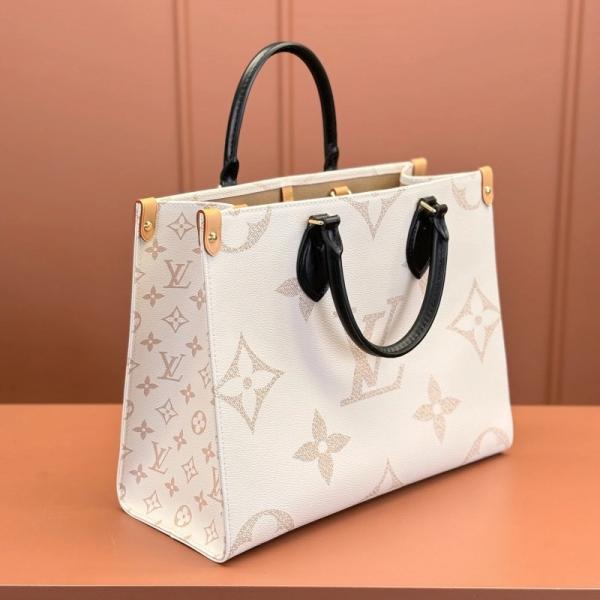 On The Go Monogram Premium Leather Tote Bag With Dust Bag (White Cream - 965)