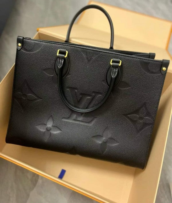 On The Go Premium Monogram Leather Tote Bag With OG Magnetic Box & Dust Bag (Black - 730)