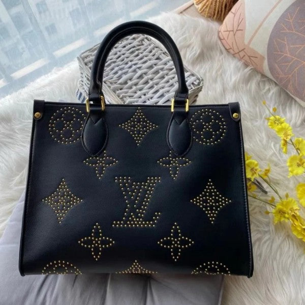 On The Go Premium Monogram Empreinte Leather Tote Bag With OG Magnetic Box & Dust Bag (Black - 649)