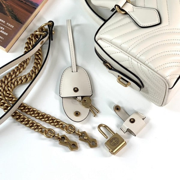 Marmont Top Handle Speedy Premium Bag With OG Box & Dust Bag & Carry Bag & Accessories (White - 903)
