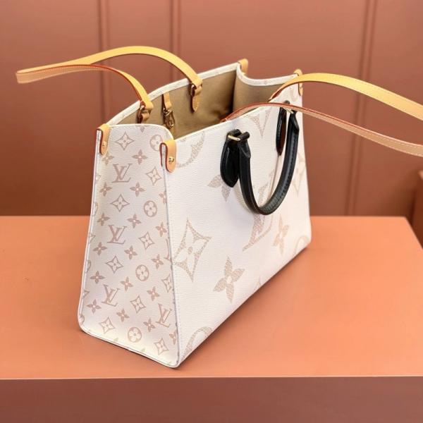 On The Go Monogram Premium Leather Tote Bag With Dust Bag (White Cream - 965)