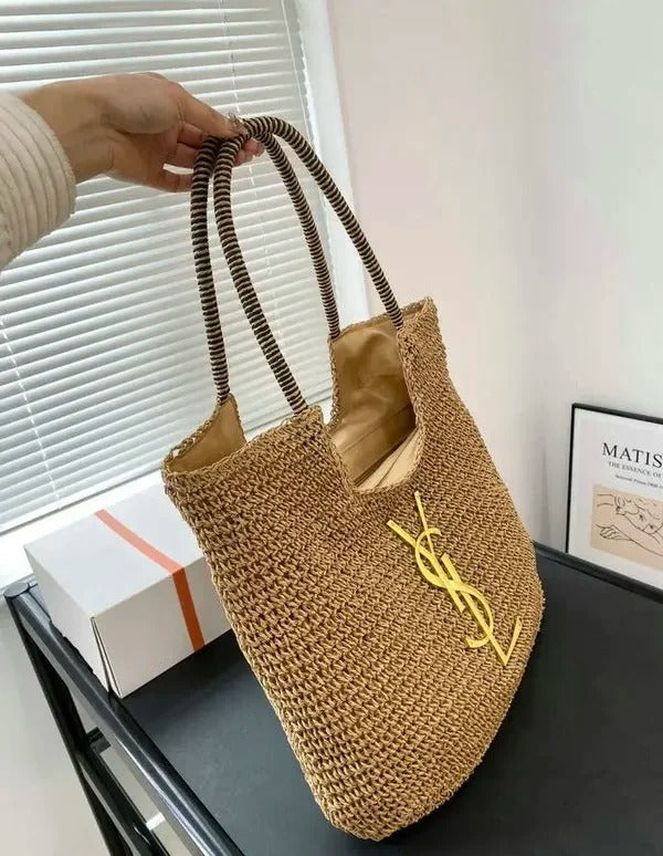 ICare Raffia Jute Tote Bag With OG Box & Dust Bag (Brown - 991)