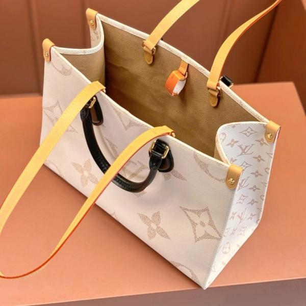 On The Go Monogram Premium Leather Tote Bag With Dust Bag (White Cream - 965)