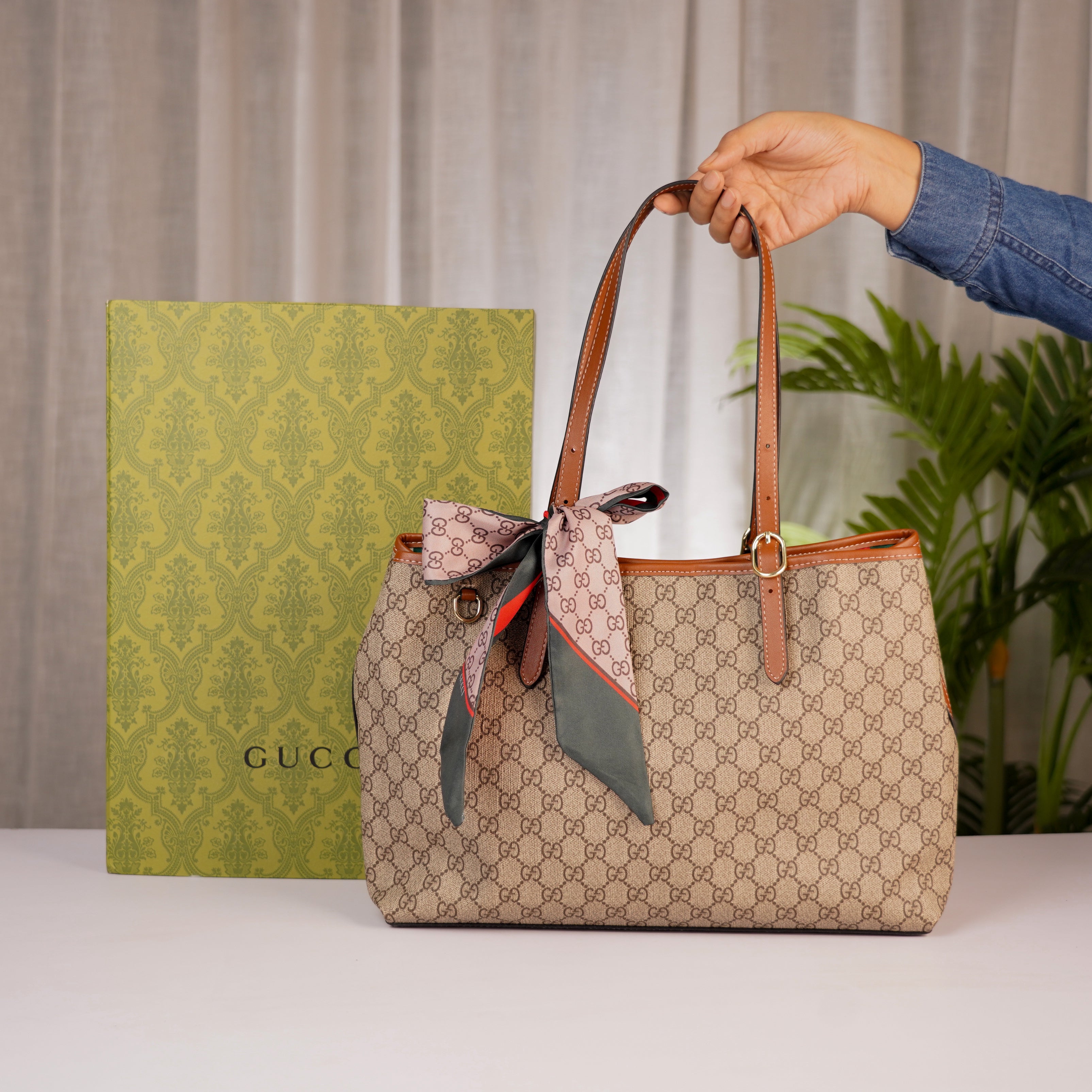 Emblem Premium Tote Bag With OG Box & Dust Bag & Scarf (Brown - 1177)