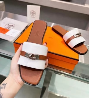 Paris Birkin Premium Flats With OG Box & Carry Bag (Brown White 887)