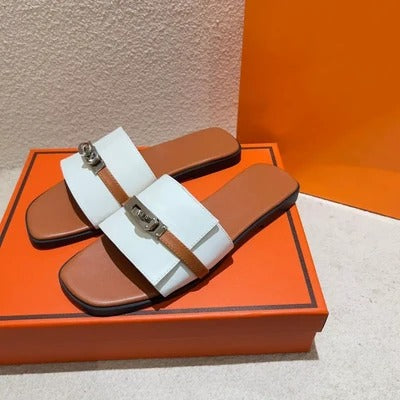 Paris Birkin Premium Flats With OG Box & Carry Bag (Brown White 887)
