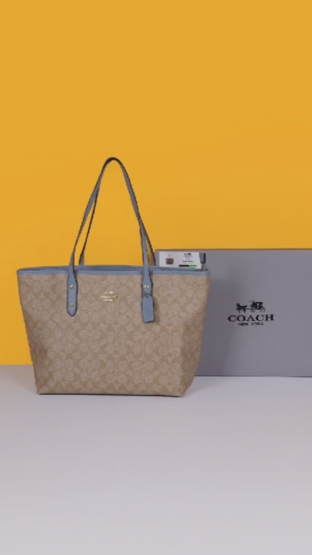 Signature City Tote Bag With OG Box & Dust Bag (Beige Blue - 1118)
