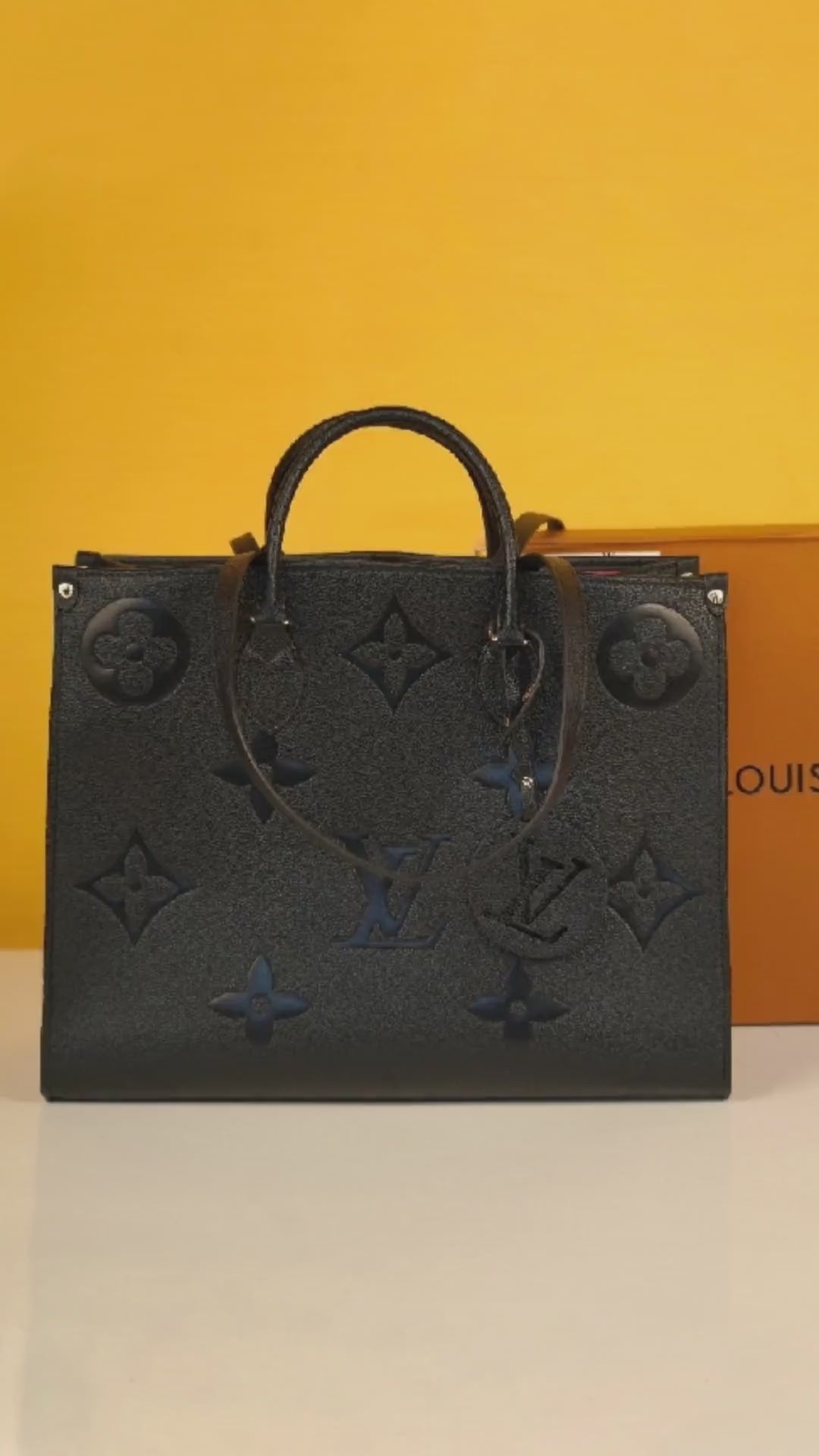 On The Go Premium Monogram Leather Tote Bag With OG Magnetic Box & Dust Bag (Black - 730)
